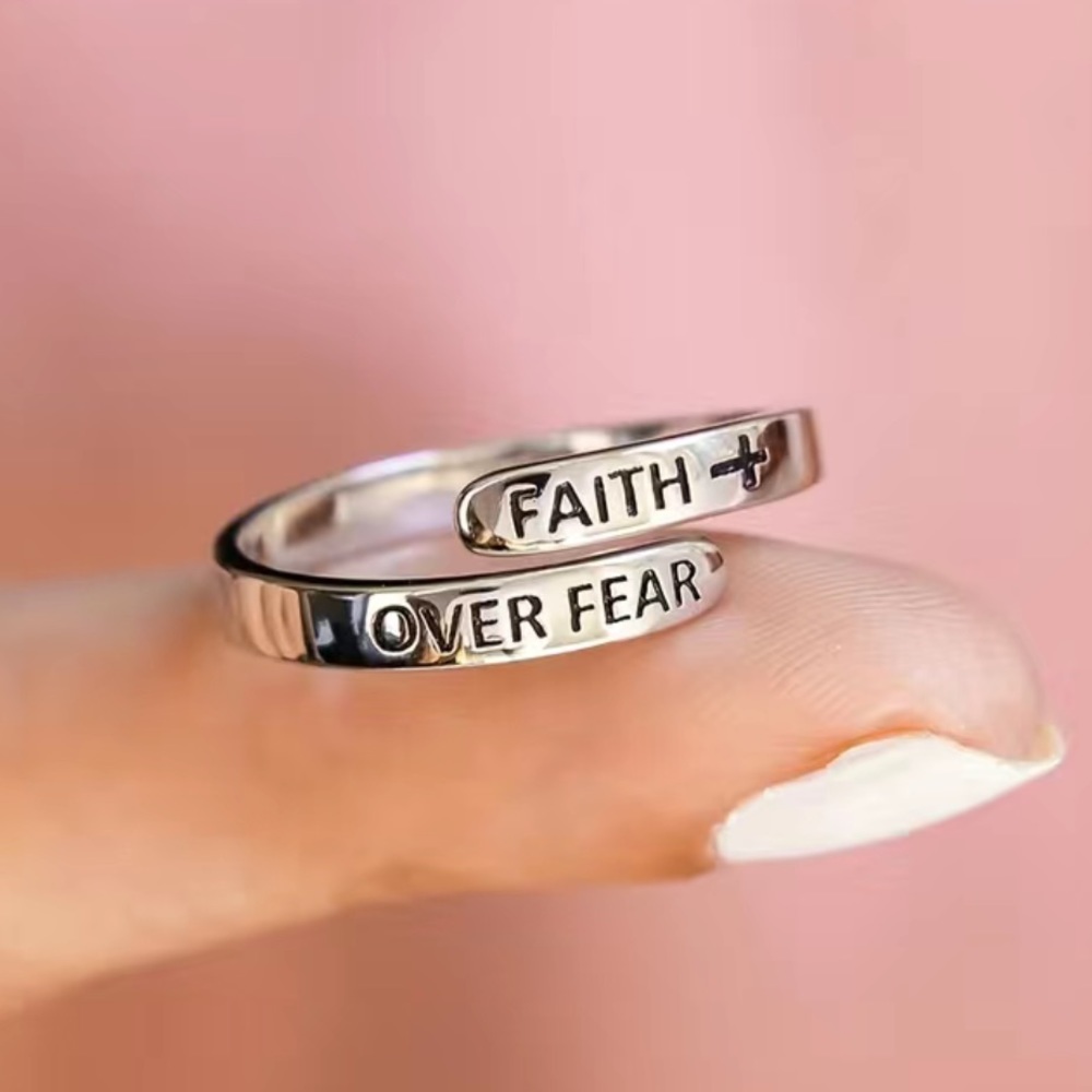 Faith Over Fear Cross Open Adjustable Minimalist Ring, Inspirational Gift NEW PC - Picture 2 of 7